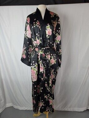 Morgan Taylor Floral Kimono Robe XL Long Black Pink Belted Pockets Romantic